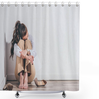 Personality  Upset Woman Sitting On Floor And Holding Photo Near White Wall At Home, Grieving Disorder Concept Shower Curtains