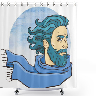 Personality  Bearded Man In A Scarf. Blue Water Color Background. Shower Curtains