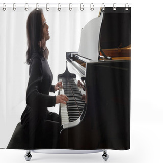 Personality  Young Musician Plays The Grand Piano, Silhouette Image Isolated On White Background Shower Curtains