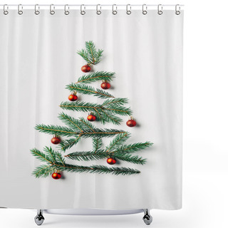 Personality  Top View Of Pine Branches Arranged In Christmas Tree With Toys On White Background Shower Curtains