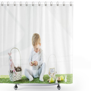 Personality  Cute Kid Sitting Near Straw Baskets With Easter Eggs, Bunnies And Happy Easter Card Isolated On White Shower Curtains