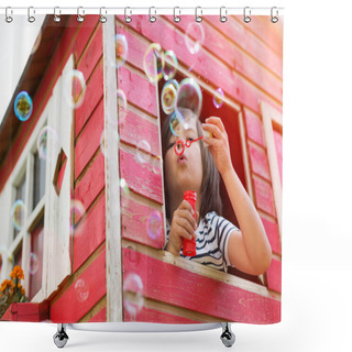 Personality  Boy Blowing Bubbles In A Wooden Playhouse Shower Curtains
