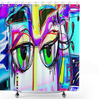 Personality  Digital Abstract Art Poster With Doodle Human Eyes Shower Curtains