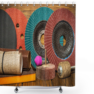 Personality  Big Set Of Abrasive Tools And Sandpaper On Vintage Wooden Boards Shower Curtains