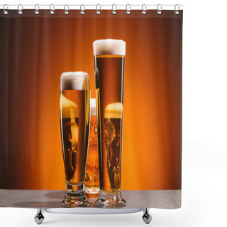 Personality  Close Up View Of Arrangement Of Glasses Of Beer On Orange Backdrop Shower Curtains