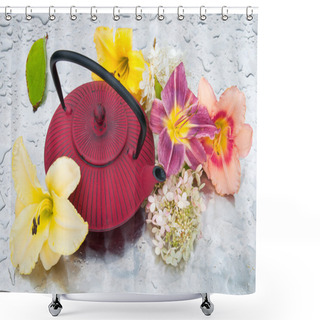 Personality  Tea Ceremony: Tea Pot With Flowers On A Rainy Day Shower Curtains