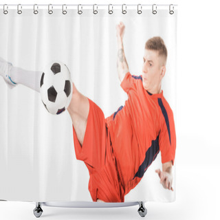 Personality  Close-up View Of Young Soccer Player Hitting Ball With Leg Isolated On White Shower Curtains
