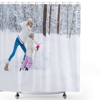 Personality  Happy Mother And Daughter Making Snowman And Smiling At Camera In Winter Park Shower Curtains