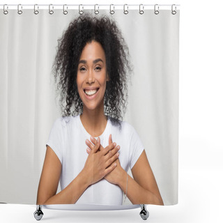 Personality  Headshot Portrait American Woman Holding Hand On Heart Feels Gratitude Shower Curtains