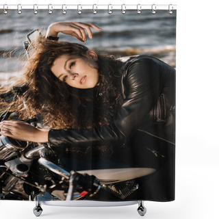 Personality  Attractive Young Woman Sitting On Motorbike Shower Curtains