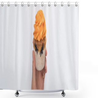 Personality  Partial View Of Woman Holding Delicious Halloween Cupcake Isolated On White, Panoramic Shot Shower Curtains