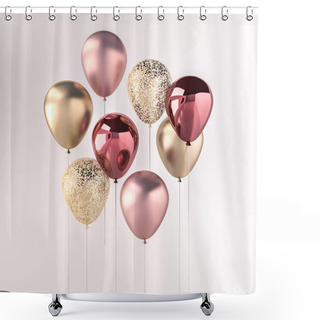 Personality  Set Of Pink And Golden Glossy Balloons On The Stick With Sparkles On White Background. 3D Render For Birthday, Party, Wedding Or Promotion Banners Or Posters. Vibrant And Realistic Illustration. Shower Curtains