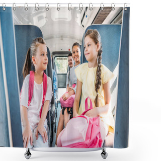 Personality  Group Of Happy Pupils Riding On School Bus During School Excursion Shower Curtains