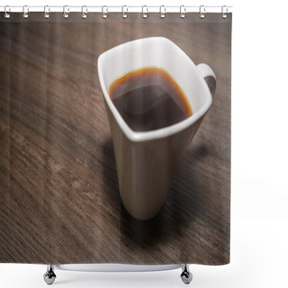 Personality  Cup With Hot Black Coffee On A Wooden Background Shower Curtains