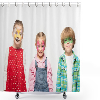 Personality  Smiling Friends With Colorful Face Paintings Looking At Camera Isolated On White Shower Curtains