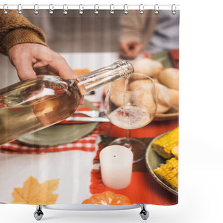 Personality  Cropped View Of Senior Man Pouring White Wine Into Glass During Thanksgiving Dinner Shower Curtains