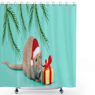 Personality  Cute Decorative Rat With Cheese Gift And Red Bow On A Mint Background Shower Curtains