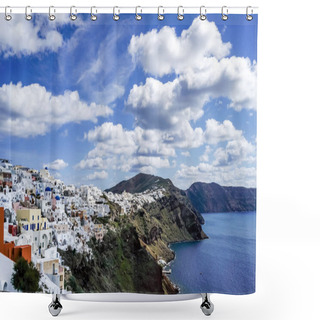 Personality  White Houses Near Tranquil Sea Against Blue Sky With Clouds In Greece  Shower Curtains