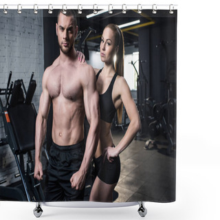Personality  Sportive Couple Posing At Gym Shower Curtains