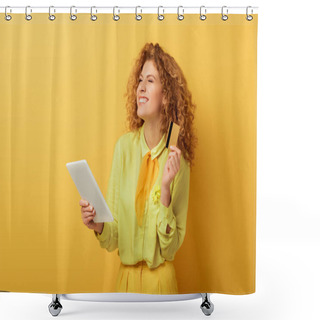 Personality  Smiling Redhead Girl Holding Digital Tablet And Credit Card On Yellow  Shower Curtains