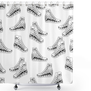 Personality  Seamless Pattern With Black And White Hippie Hight Sneakers In Zentangle Style Shower Curtains