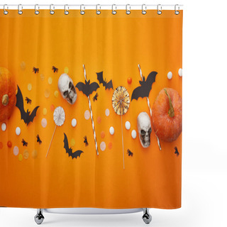 Personality  Top View Of Pumpkin, Skulls, Bats And Spiders With Confetti On Orange Background, Halloween Decoration Shower Curtains
