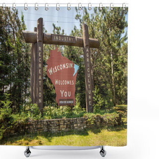 Personality  Florence, Wisconsin, USA - July 6, 2019: State Of Wisconsin Welcome Sign At The Border Of Wisconsin And Michigan. Shower Curtains