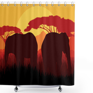 Personality  Elephant Family Silhouettes In Wild Nature Mountain Landscape Background Shower Curtains