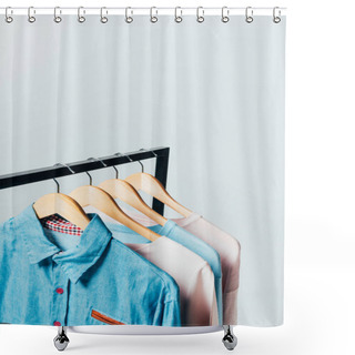 Personality  Clothes On Hangers Isolated On White, Summer Sale Concept Shower Curtains