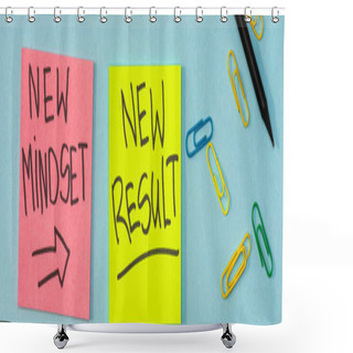 Personality  Top View Of Sticky Notes With New Mindset And New Result Lettering With Paper Clips And Pencil On Blue, Panoramic Shot Shower Curtains