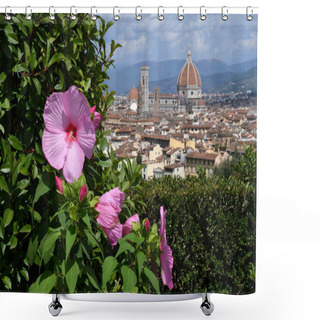 Personality  Beautiful Pink Hibiscus Flower In A Garden Located At Michelangelo Square With Cathedral Of Santa Maria Del Fiore On The Background. Italy. Shower Curtains