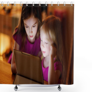 Personality  Sisters Playing With A Digital Tablet Shower Curtains