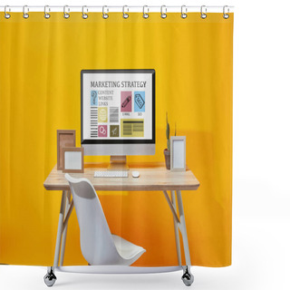 Personality  Computer With Marketing Strategy Website On Screen At Wooden Table On Yellow Background Shower Curtains