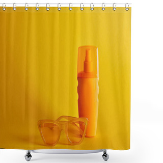 Personality  Sunscreen In Orange Bottle Near Sunglasses On Dark Yellow Background Shower Curtains
