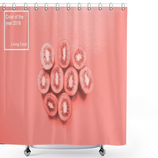 Personality  Many Halves Of Kiwi Fruit On Living Coral Color Background. Color Of The Year 2019 Concept. Shower Curtains