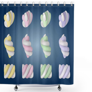 Personality  Sweet, Cute Tasty Little Colored Zephyr, Marshmallows. Pastel Soft Yellow, Rose, Gree,n Purple Colors. Delicious Soft Sweets Modern Vector Designe. Shower Curtains