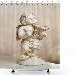 Personality  Angel With Lyre, Ornament. Golden Ornament. Vintage Angel. Ceramic Angel Playing Harp. Cupid Statuette On Marble Table. Shower Curtains