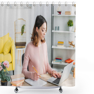 Personality  Beautiful Attentive Woman Working At Home While Sitting At Home With Laptop Shower Curtains