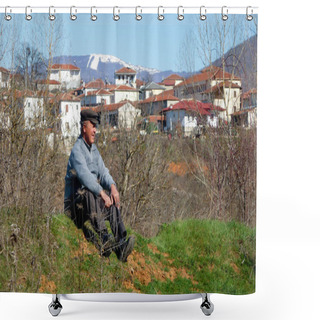 Personality  March 25th 2011, Korestia, Greece - Old Man Sitting On The Ground And Staring, Near Korestia Village, Kastoria, Greece Shower Curtains