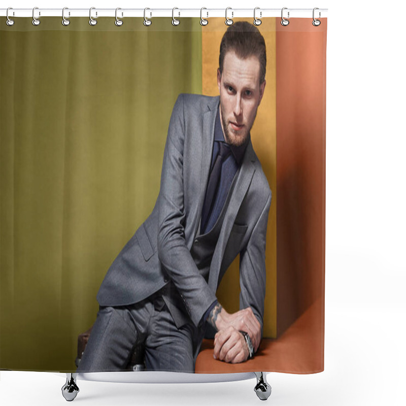 Personality  Man In A Gray Suit On A Bright Orange Green Swampy Background Shower Curtains