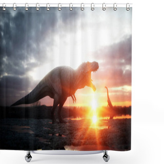 Personality  Dinosaur. Prehistoric Period, Rocky Landscape. Wonderfull Sunrise. 3d Rendering. Shower Curtains