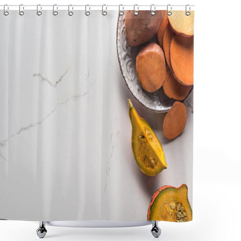Personality  Top View Of Plate With Sweet Potato Slices Near Pumpkin Pieces On Marble Surface Shower Curtains