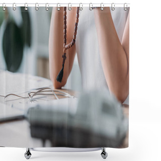 Personality  Cropped View Of Businesswoman Praying With Wooden Rosary Beads Shower Curtains