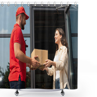 Personality  Handsome Delivery Man Giving Cardboard Box To Cheerful Woman  Shower Curtains