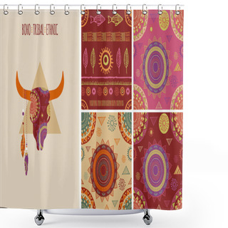 Personality  Bohemian, Tribal, Ethnic Background With Bull Skull And Patterns Shower Curtains