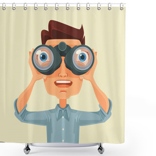 Personality  Man With Binoculars. Vector Flat Cartoon Illustration Shower Curtains