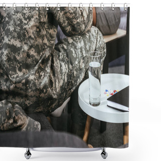 Personality  Cropped Shot Of Soldier Sitting On Couch With Glass Of Water And Pills On Table Shower Curtains