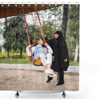 Personality  Smiling Muslim Mother Standing Near Daughter On Swing Outdoors  Shower Curtains