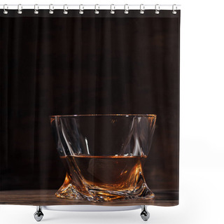 Personality  Close-up View Of Whiskey In Glass On Wooden Table On Black  Shower Curtains