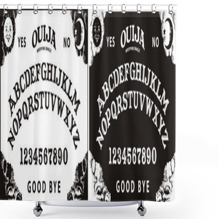 Personality  Graphic Template Inspired By Ouija Board. Black And White Symbols Of Moon ,sun, Texts And Alphabet. Gothic Typography. Ghosts And Demons Calling Game. Shower Curtains